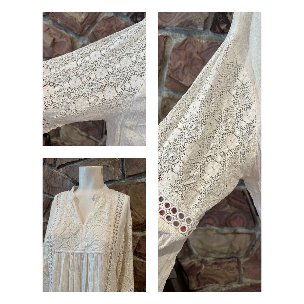 Shoreline Womens 3XL White Floral Embroidered Boho Gauze Peasant Top Crochet